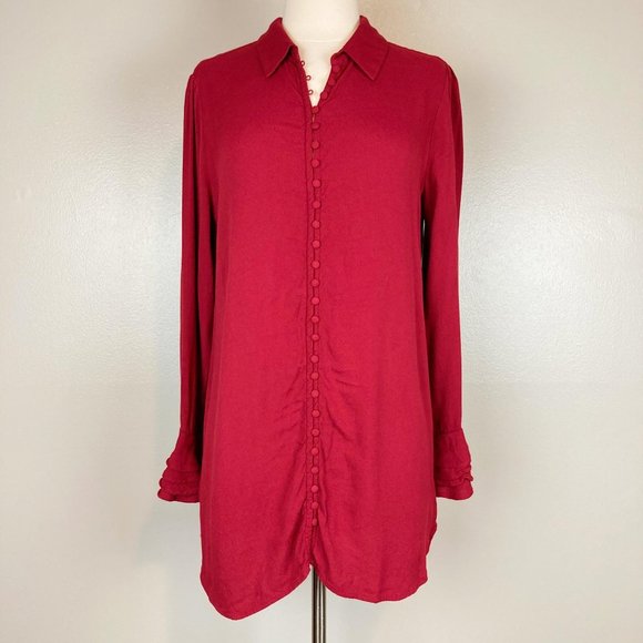 SOFT SURROUNDINGS - M - Dark Red Poet Ruffle Button Down - Picture 1 of 7